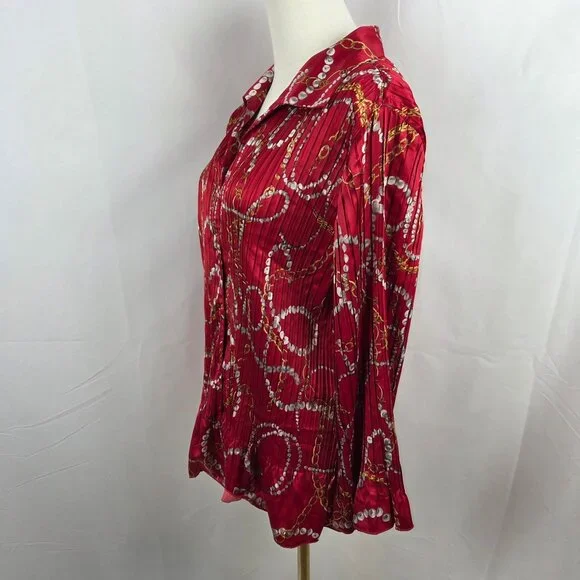 Jaclyn Smith Equestrian Chain Print Button-Up Blouse XL Long Sleeve Pleated Red - Picture 3 of 11